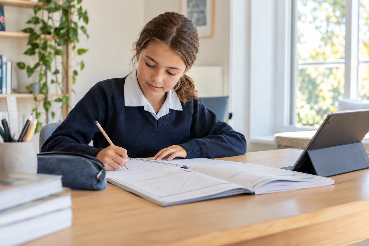 A school student practising maths in a notebook at a bright study desk
